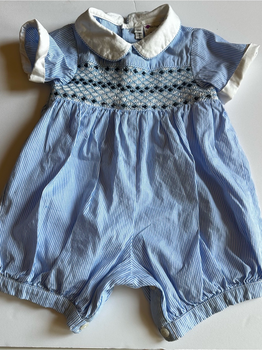 Rachel Riley Blue and White Striped Smocked Romper 12M